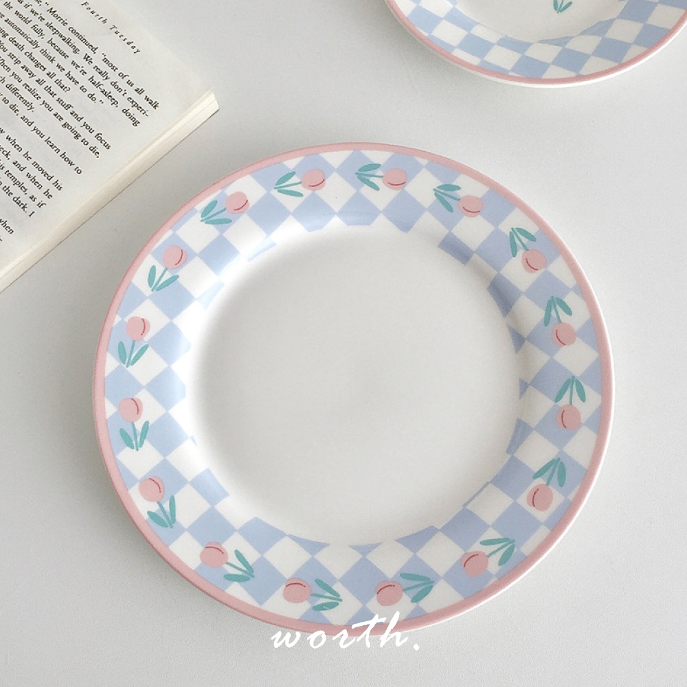 渥思【現貨】韓系棋盤格鬱金香甜點盤 陶瓷盤 蛋糕盤