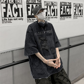 【現貨！當天出】特惠限定款做舊短T美式短袖寬鬆大尺碼潮牌印花男生上衣純棉高磅圖t 加大黑色上衣男裝T恤落肩五分袖復古