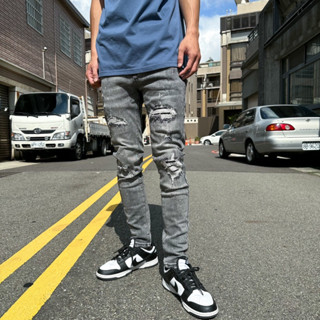 【CH】質感暗灰漁網刷破牛仔褲 男生長褲 丹寧牛仔褲 修身牛仔 窄管 似D2牛仔褲 街頭褲子(489)
