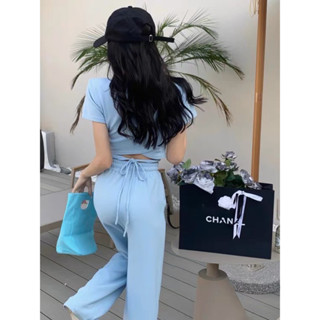 粉現貨秒出♥️【JinG】套裝*休閒後腰交叉上衣+高腰直筒褲♥️運動套裝 短袖上衣 素T 短版上衣 寬褲 鬆緊腰頭