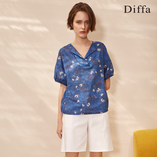 【diffa】典雅藍白花翻領上衣3768-8213