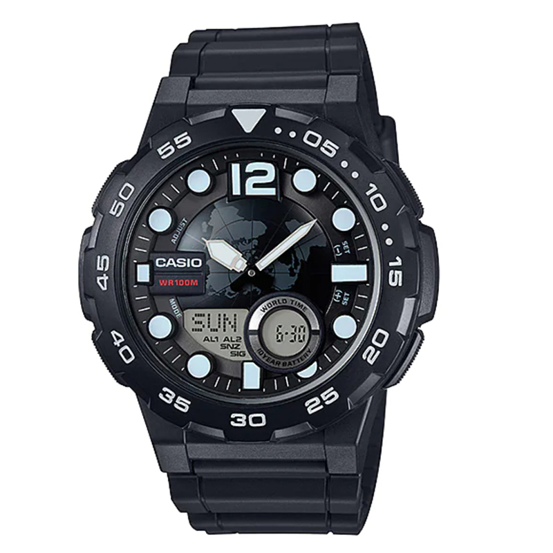 【CASIO卡西歐】 10年電力 地圖 百米防水電子錶 雙顯運動錶 AEQ-100W-1A 黑/白 台南時代鐘錶