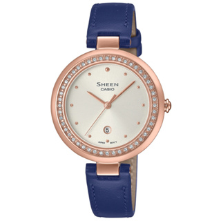 【CASIO 】SHEEN耀眼奢華水晶點綴錶圈日期顯示藍寶石皮帶腕錶-藍X白面(SHE-4556PGL-7A)正版公司貨