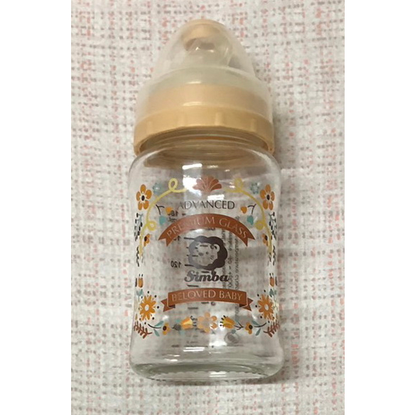 (二手) 小獅王 simba 蘿蔓晶鑽玻璃奶瓶 寬口玻璃奶瓶 180ml 奶瓶栓+透明蓋+貝親奶嘴（棕色款）