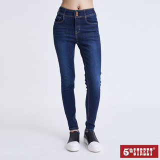 5th STREET 女雙扣超彈高腰窄管褲-酵洗藍(-3KG系列)