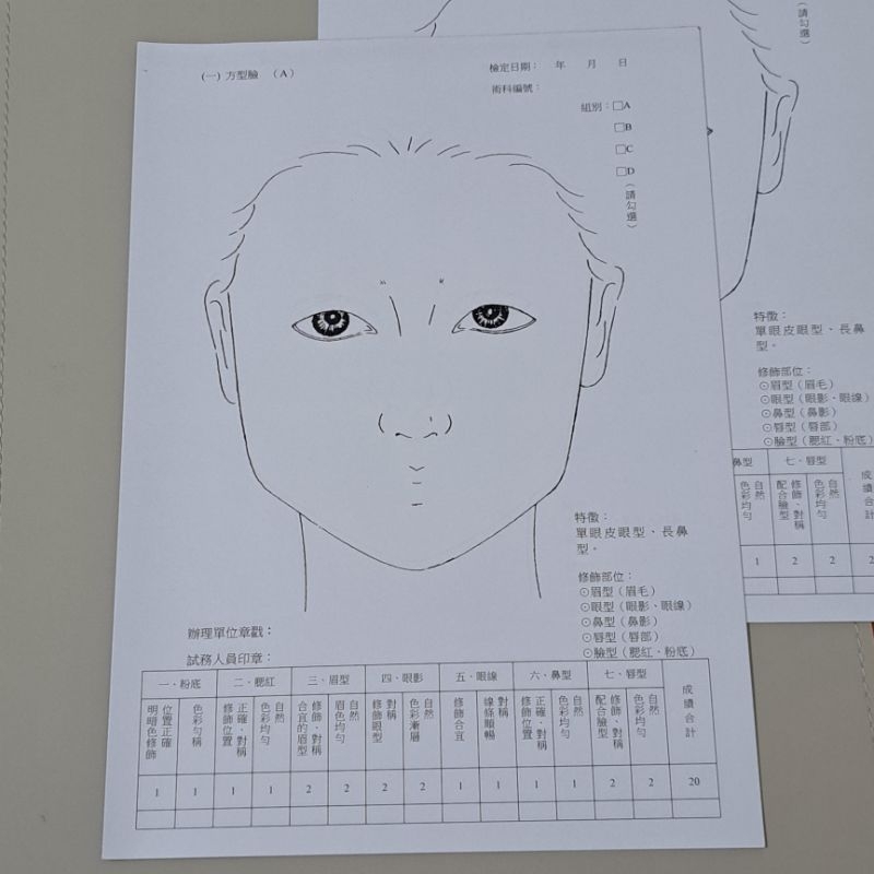 全新出清🏷120張／美容乙級練習紙圖十種臉型