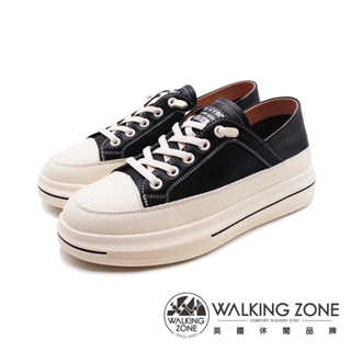 WALKING ZONE(女)英字皮標增高可踩腳休閒鞋 女鞋－白黑(另有米棕)