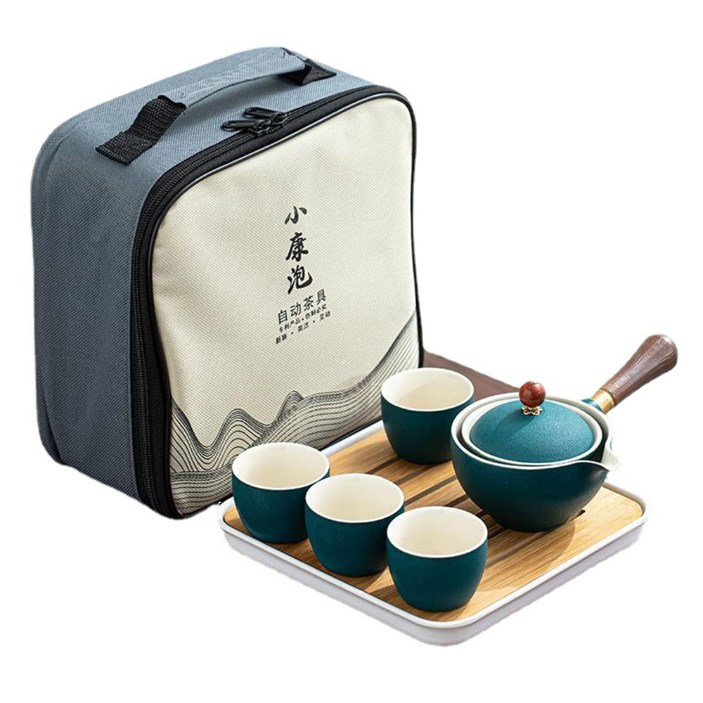 YAON雅居 便攜隨行旅行茶具套裝 整套陶瓷功夫自動旋轉茶具 一壺四杯側把壺泡茶器