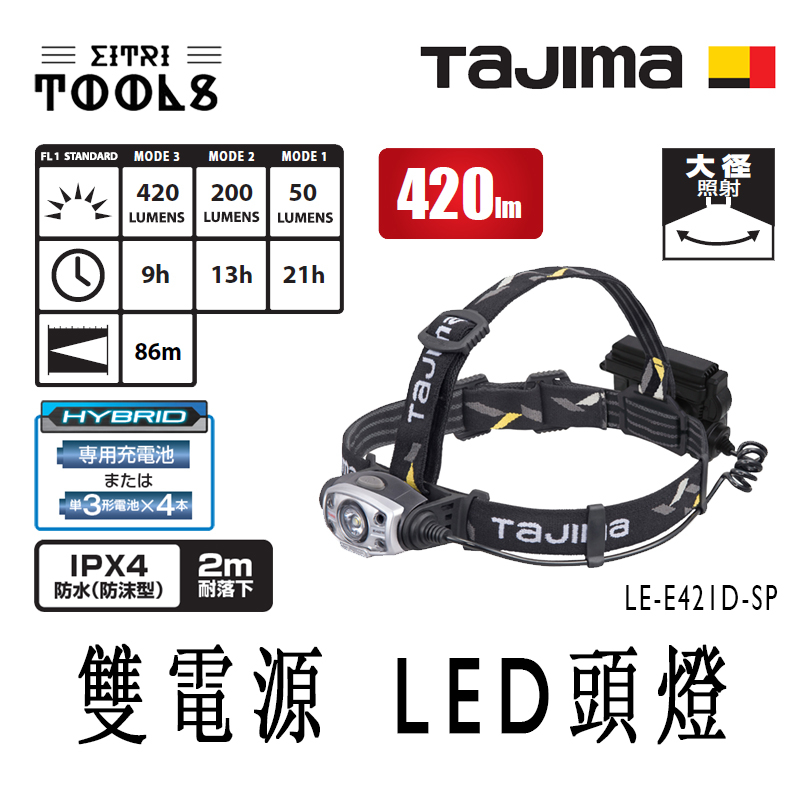 【伊特里工具】TAJIMA 田島 LE-E421D-SP 雙電源 LED 頭燈 420流明 大徑照射 防水IPX4