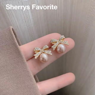 【Sherrys Favorite】臺灣現貨🔥巨美💖輕奢高質感💯S925純銀針法式復古名媛氣質金色滿鑽蝴蝶結珍珠耳環