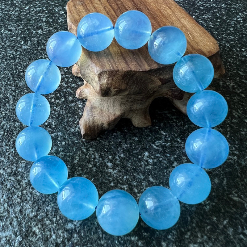 海藍寶 海藍寶手串 14mm 海水藍寶 高品 起螢光 天然水晶 手串 手鍊 手珠