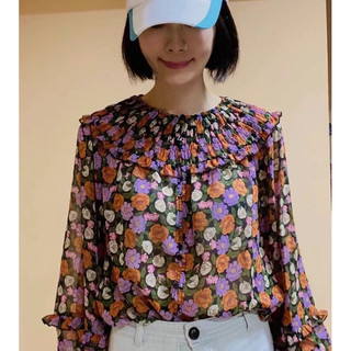 MANGO女裝襯衫 花朵印花飄逸圓領泡泡長袖襯衫M碼