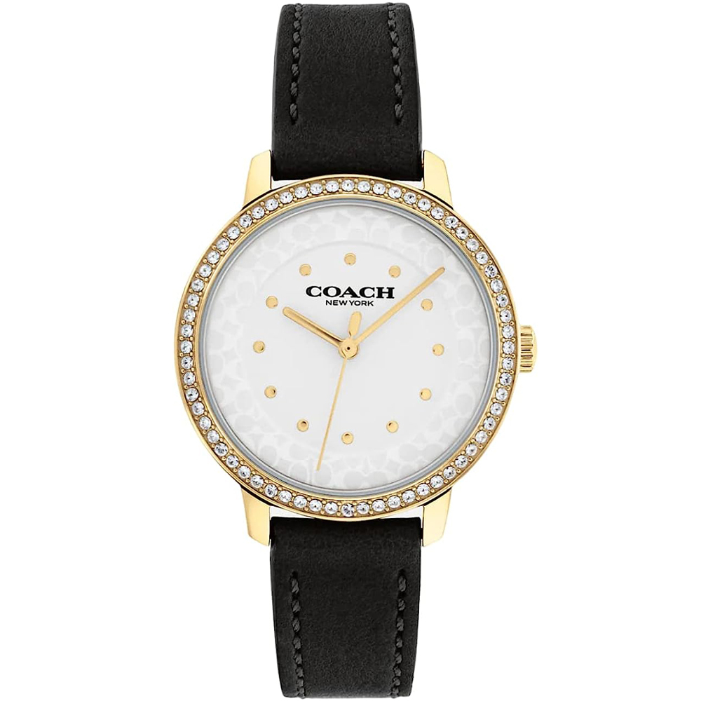 【COACH】RAYDEN黑X金X鋯石外圈X白色LOGO錶盤皮革皮帶手錶