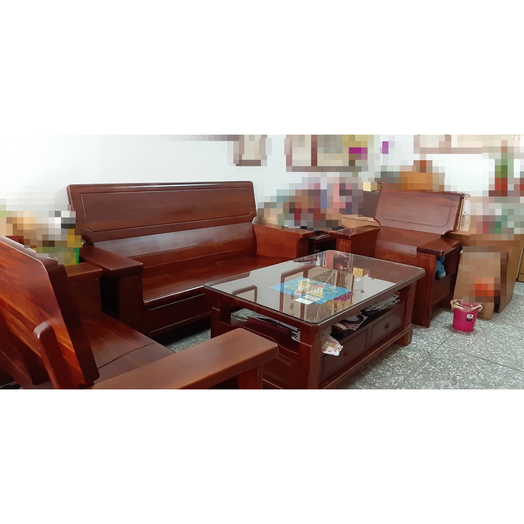 3+2+1組 / 客廳6人座木桌椅組合、肖楠木製、高背客廳椅、一長桌、一方桌、大氣金色厚款椅墊 木頭客廳椅