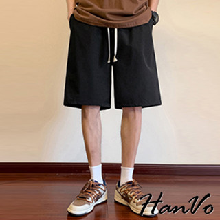 【HanVo】男款美式休閒運動冰絲短褲 吸濕排汗 透氣寬鬆五分褲 夏季潮流褲 男生下著 B03-3007
