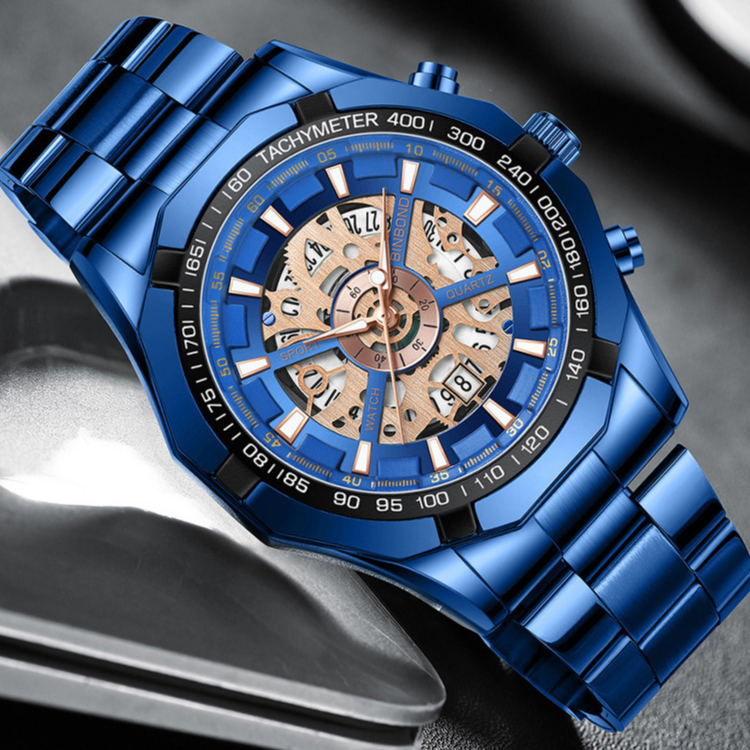優品 binbond賓邦鏤空非機械防水手錶 爆款機械表藍色男士手錶 時尚潮流男士石英錶 男錶