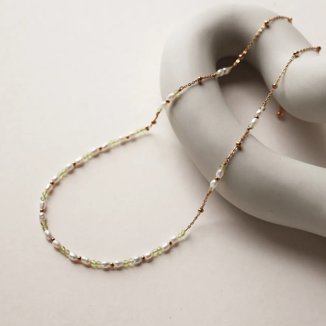 【MIESTILO】晨星​​｜橄欖石珍珠項鍊 天然石 白鋼項鍊 氣質精緻