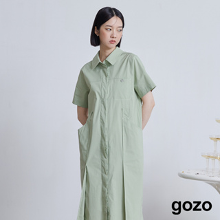 【gozo】工裝風後鬆緊綁帶開襟洋裝(卡其/淺綠_M/L) | 女裝 修身 百搭