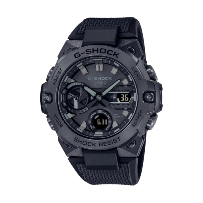 【CASIO G-SHOCK】G-STEEL太陽能碳纖維核心防護雙顯腕錶-帥氣黑/GST-B400BB-1A/台灣總