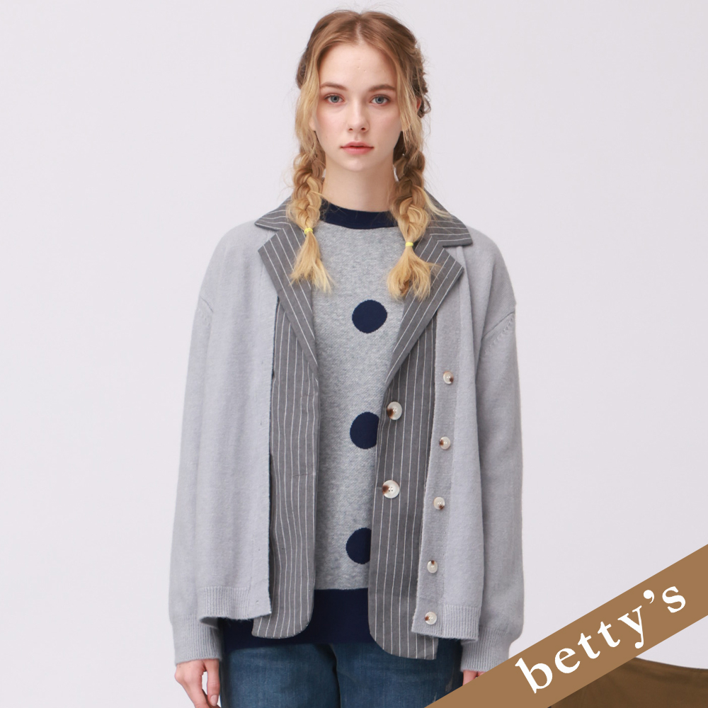 betty’s貝蒂思(25)假兩件條紋拼接雙排釦毛衣(淺灰色)