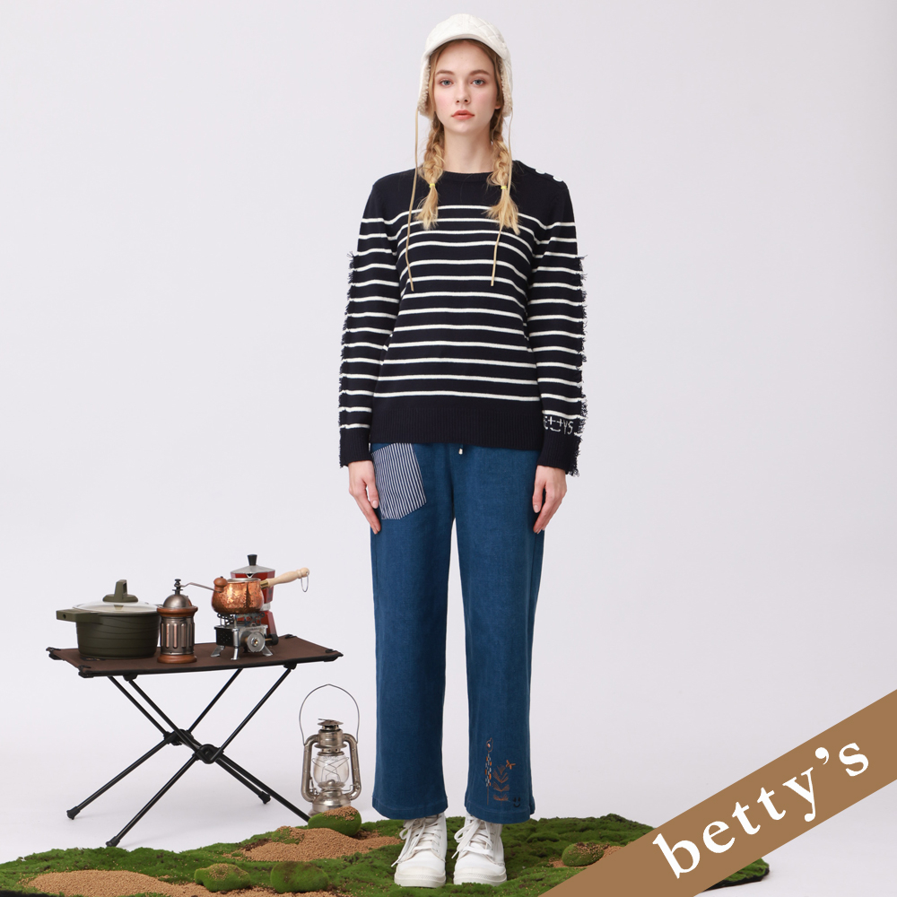 betty’s貝蒂思(25)腰鬆緊條紋口袋刺繡牛仔寬褲(牛仔藍)