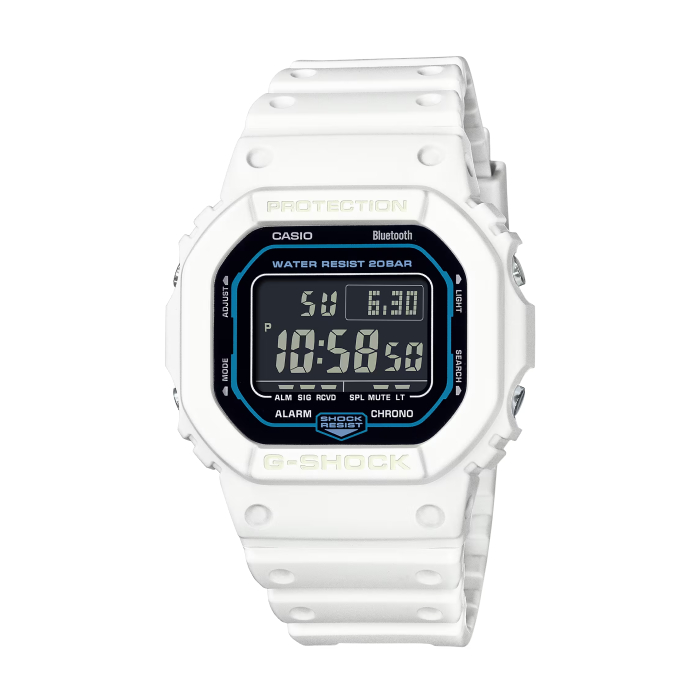 【CASIO G-SHOCK】未來科技感方形藍牙雙顯休閒運動腕錶-經典白/DW-B5600SF-7/台灣總代理公司貨享一