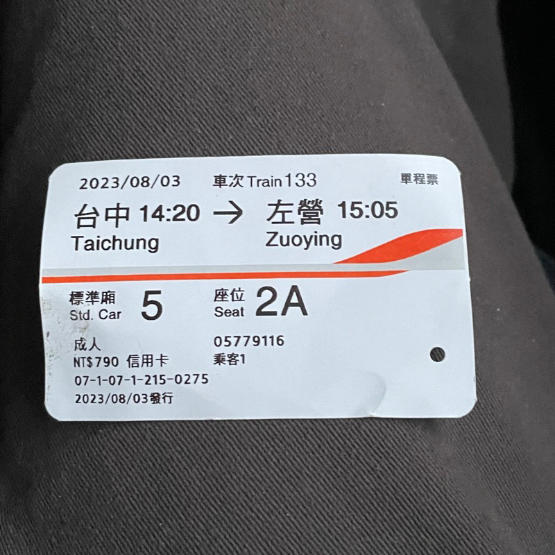2023高鐵票根 台中到高雄 8月份 高鐵票