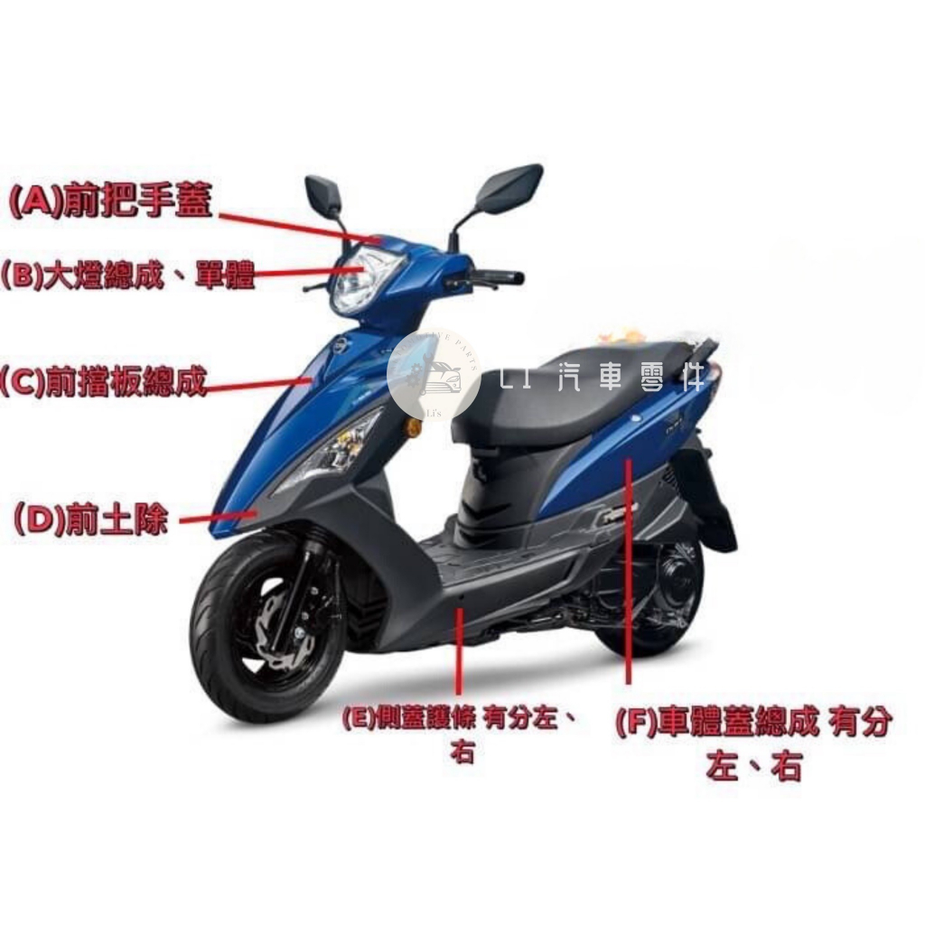 LI機車零件【新迪爵 125 瘦迪】車殼 H殼、下導流、手柄前蓋、把手蓋、側條、側蓋、後架、面板、尾燈、儀表、前柄