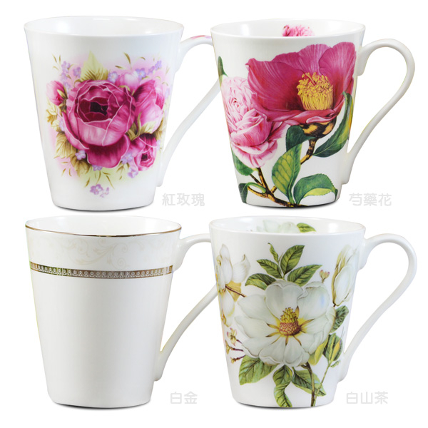 【堯峰陶瓷】骨瓷V型 馬克杯 花卉系列 單入 | 白山茶 玫瑰 芍藥 白金 輕量杯