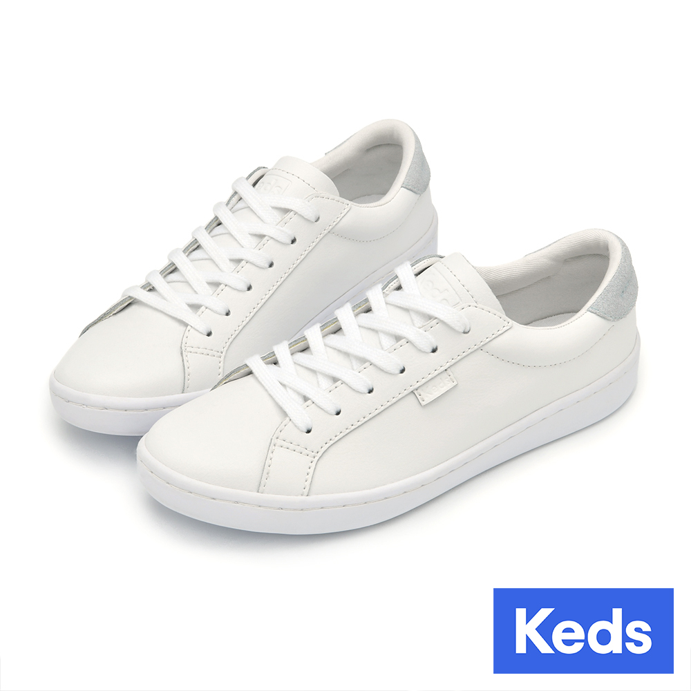 【Keds】ACE 復古運動皮革綁帶休閒小白鞋-白/淺藍灰 (9233W131668)