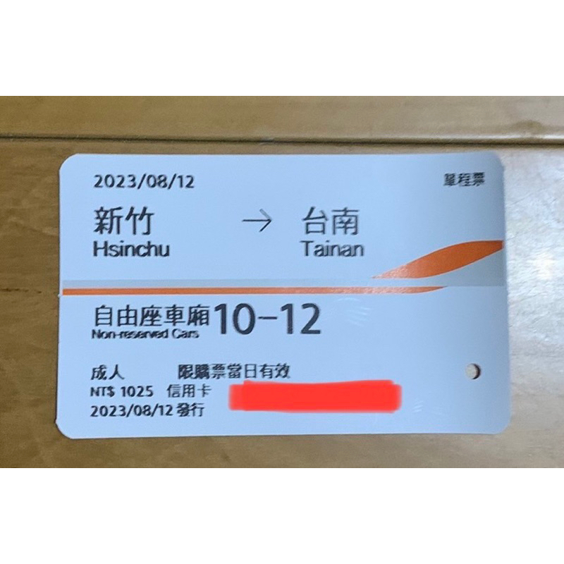 2023高鐵車票8月票根或電子乘車證明 新竹到台南