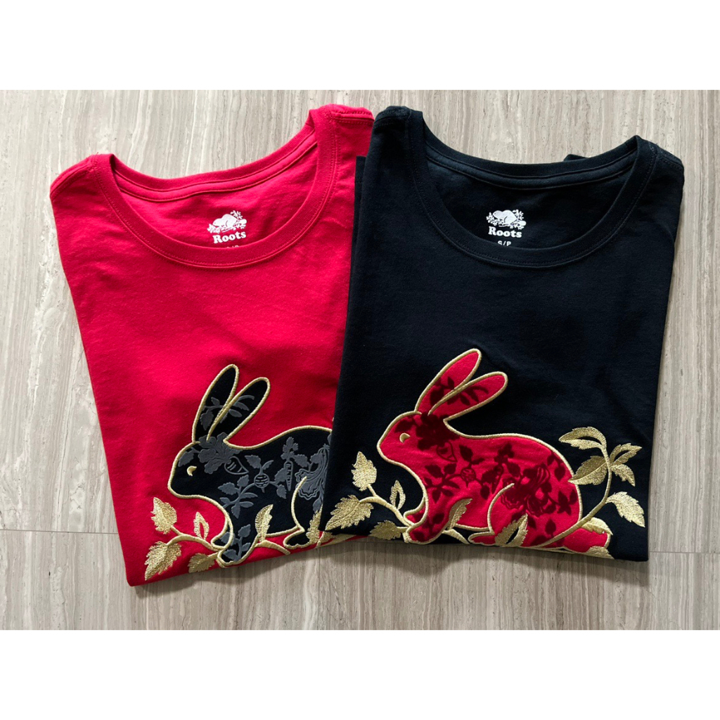 【28賣場】全新ROOTS 男生的女生的情侶裝兔子海狸刺绣多款短袖T恤(黑色紅色）