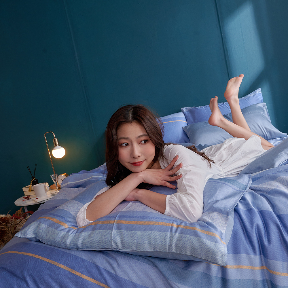 戀家小舖 台灣製床包 雙人床包 薄被套 床單 藍調時光 100%天絲 床包被套組 含枕套 40支天絲