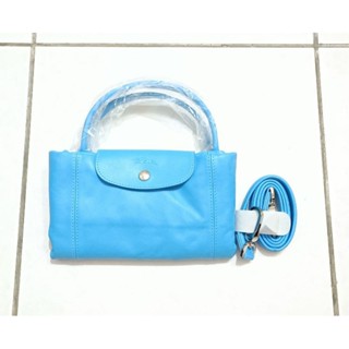 6折出清 法國製 LONGCHAMP Le Pliage Cuir 小羊皮短把折疊手提/斜揹包(中/海水藍)