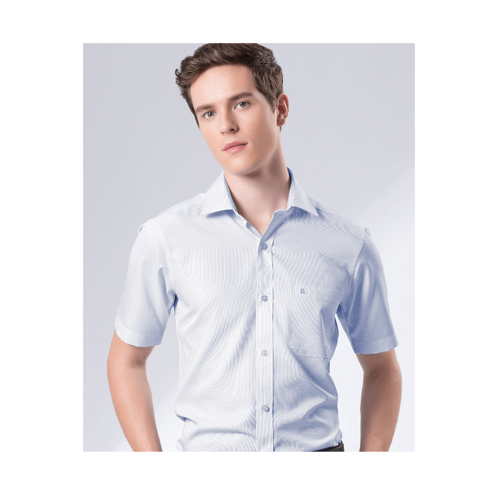 【羅德貝爾】藍色細紋短袖修身襯衫/抗皺 吸濕排汗