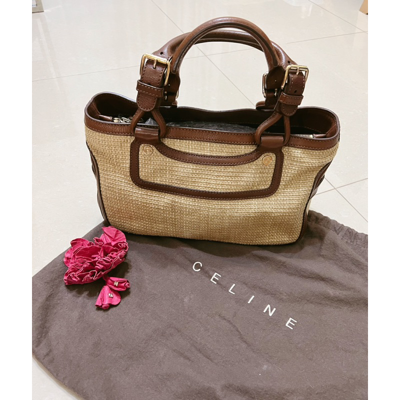 CELINE 正品 渡假藤編手提包 凱旋門 棕色 咖啡色 vintage 編織 可愛 肩背包 古董包 古著 日本 復古