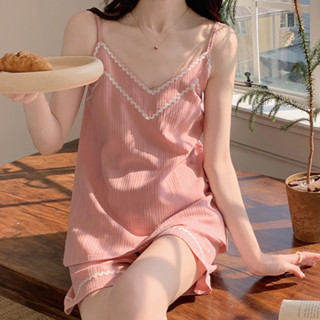 臺灣公司❤️開發票 簡約清新 針織棉 棉質坑條睡衣 棉質睡衣 女生睡衣 居家服 韓版短褲睡衣 短褲睡衣套裝 兩件套睡衣
