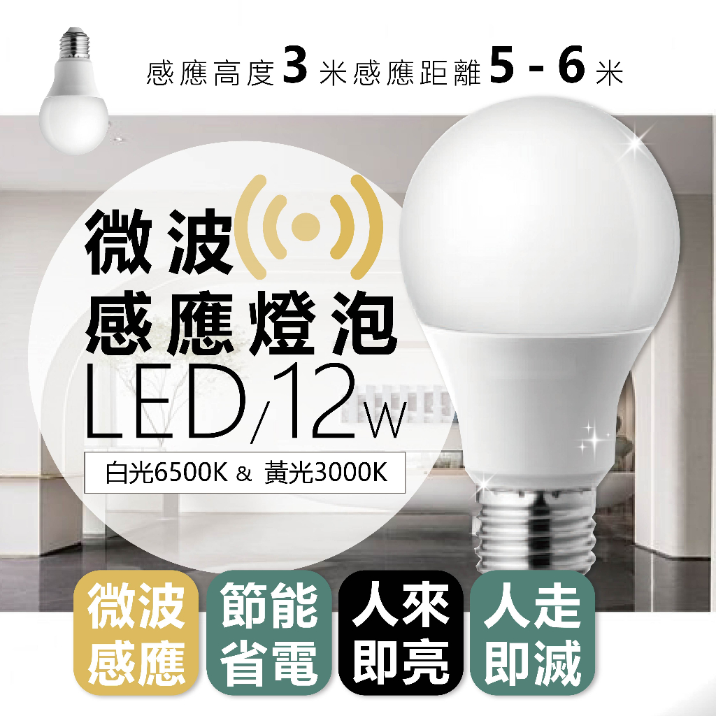 【四方圓LED照明】樂亮 微波感應燈泡 12w 白光/黃光 E27燈座 感應2-6m 亮30秒-1分鐘 感應燈泡