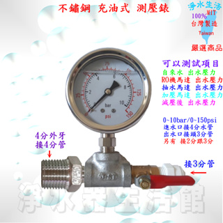 測試水壓錶 測壓表 IK品牌 充油式 不鏽鋼 壓力錶 0~15KG 4分牙 進出水口3分管 測試水壓力 空壓 氣壓 油壓