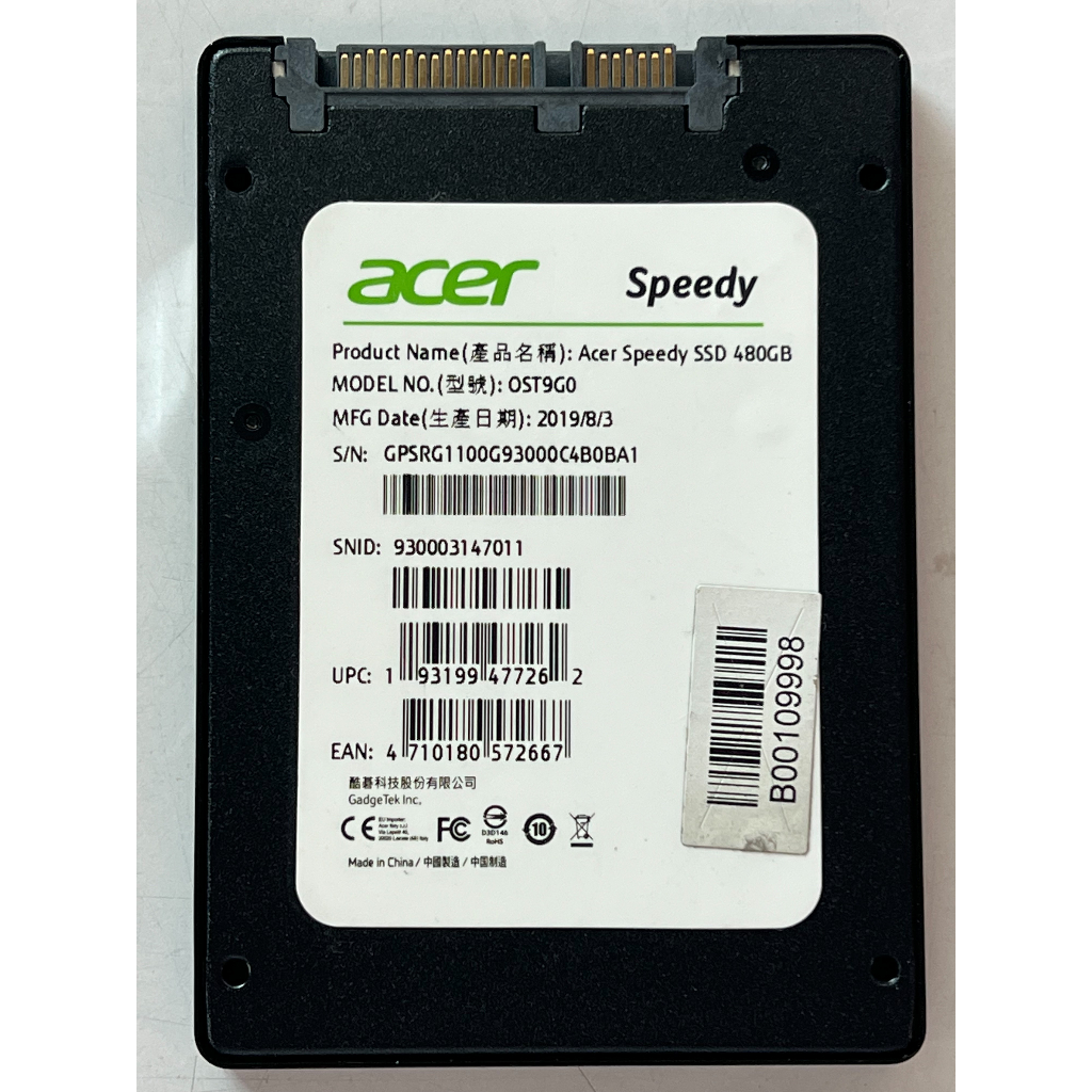 【阿佑電腦】2.5吋SSD固態碟/acer/480GB/拆機良品