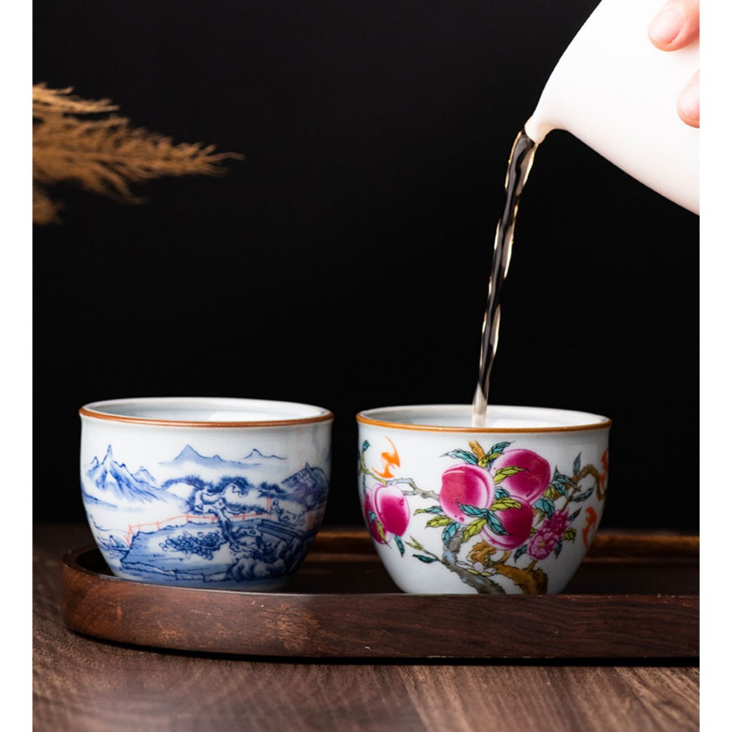 台灣現貨 青花瓷 水缸杯 主人杯 茶杯 茶具 普洱茶具 泡茶杯 壽桃 山水 品茗杯 泡茶用具