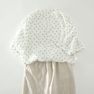 【Wow Classic.】日系小清新綠色小花印花雙層紗中袖襯衫甜美小碎花純棉蝙蝠袖A103