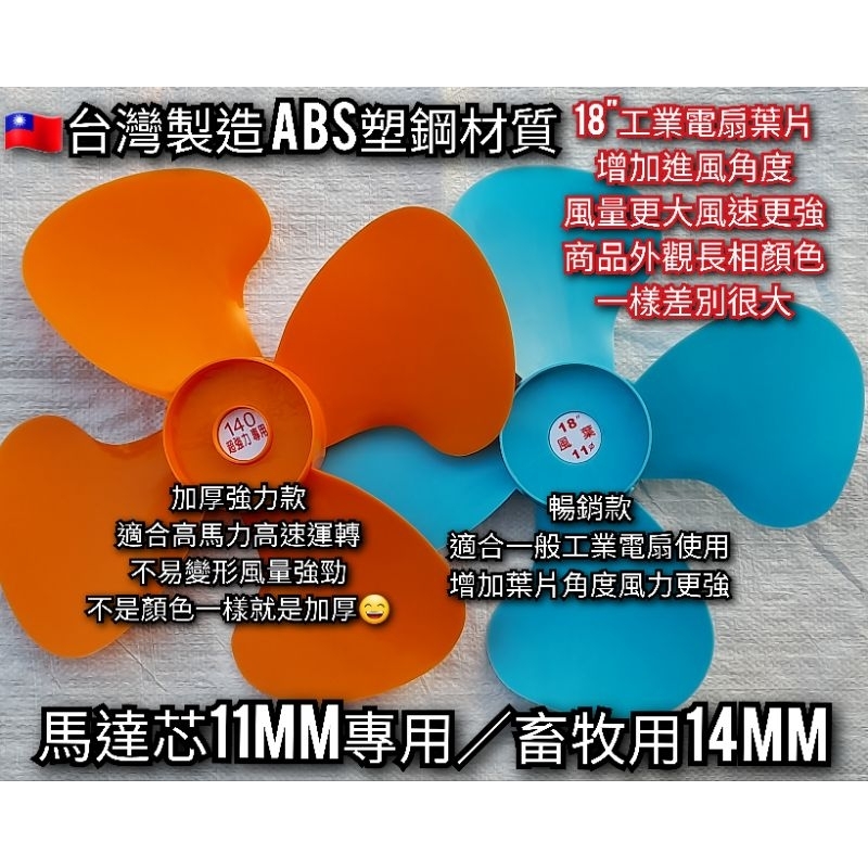 三款👍｜正ABS塑鋼材質 18" 工業電扇葉片 11mm 14mm（藍色一般型/橘色加厚強力型）【五金用具】