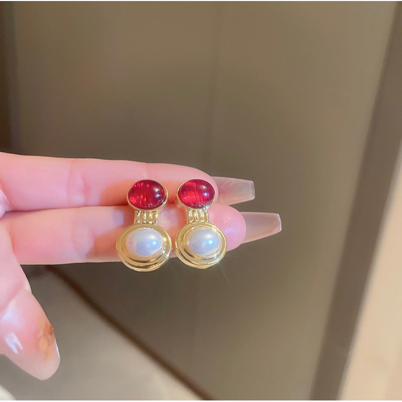 sansan-銀飾耳環銀針-紅色珍珠橢圓（真金電鍍）-韓國潮流ins風 耳釘新款 簡約個性 耳飾女B119