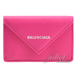 【茱麗葉精品】BALENCIAGA 巴黎世家 391446 燙銀LOGO小牛皮三折小短夾.桃紅 現貨在台