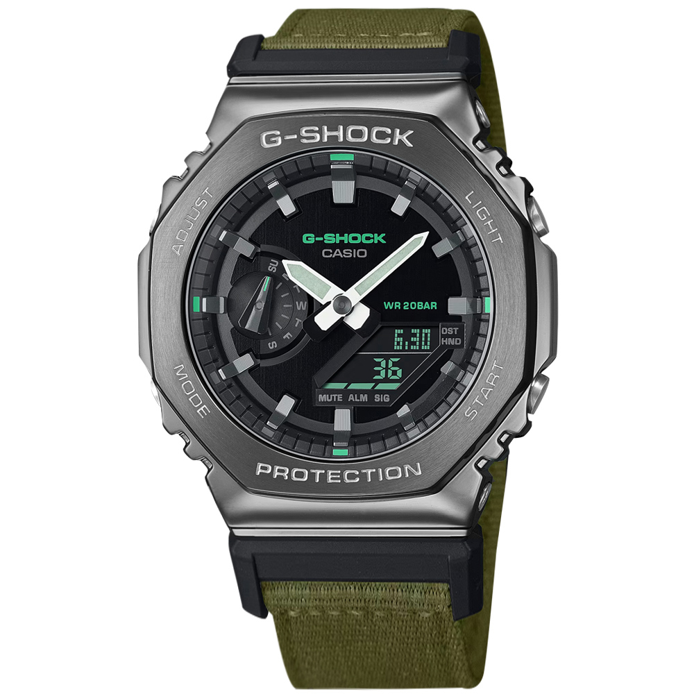 G-SHOCK CASIO / 卡西歐 八角金屬 帆布手錶 黑x灰框x軍綠 / GM-2100CB-3A / 45mm