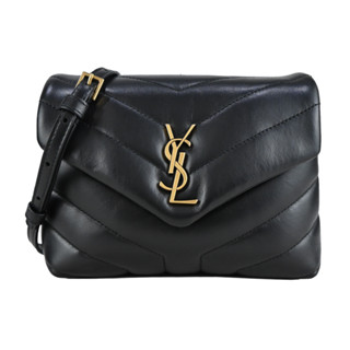 YSL LOULOU TOY牛皮 Y字縫線厚皮層翻蓋可調式斜揹包(金x黑)｜100%原廠真品｜JS Maxx官方旗艦館