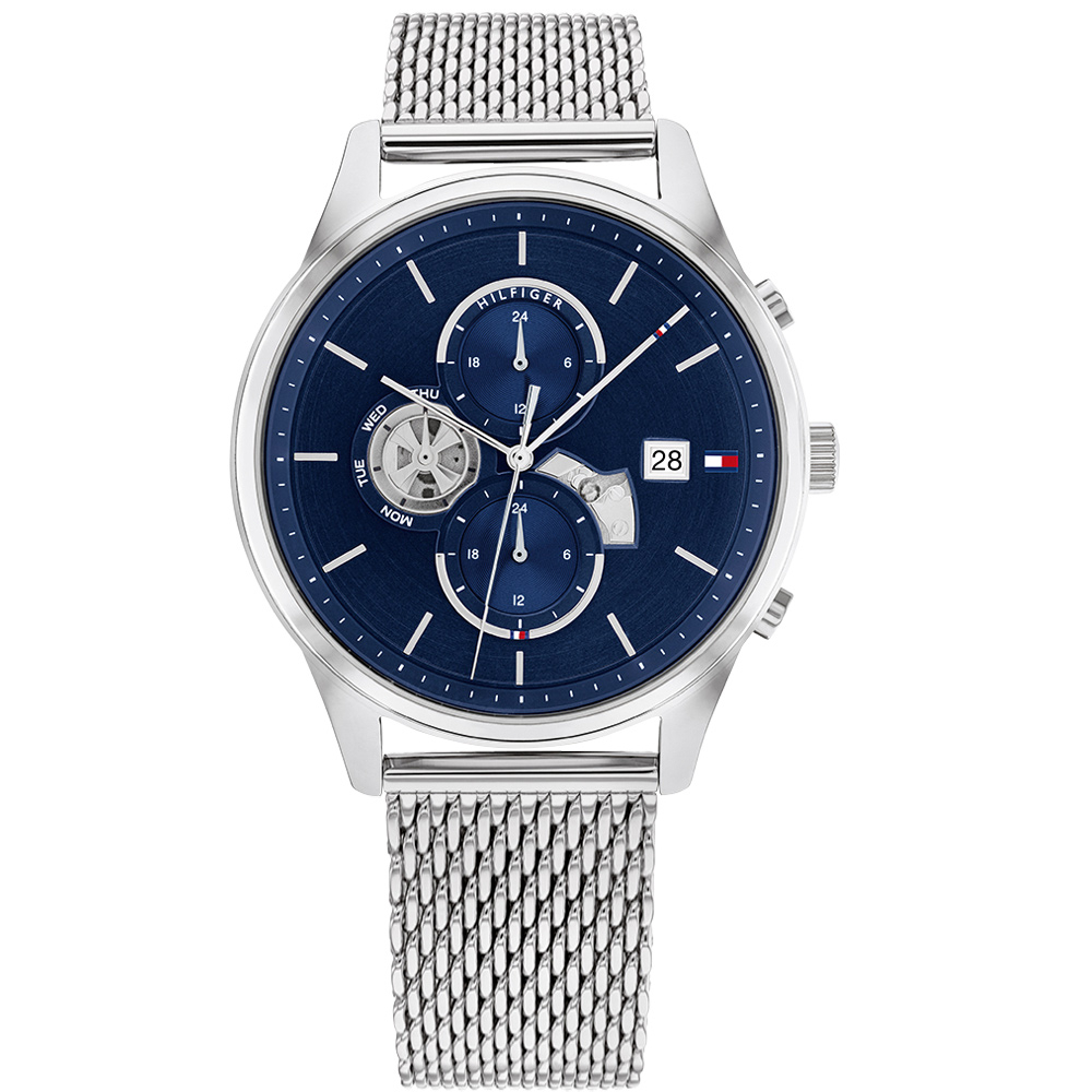 Tommy Hilfiger 簡約三眼 兩地時間 日期顯示 米蘭編織不鏽鋼手錶 藍色 44mm 1710504