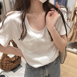 胖胖美依 短袖上衣 U領上衣 棉質T恤S-XL白色寬鬆短袖t恤女口袋上衣 新款低U領顯瘦純色T149.723