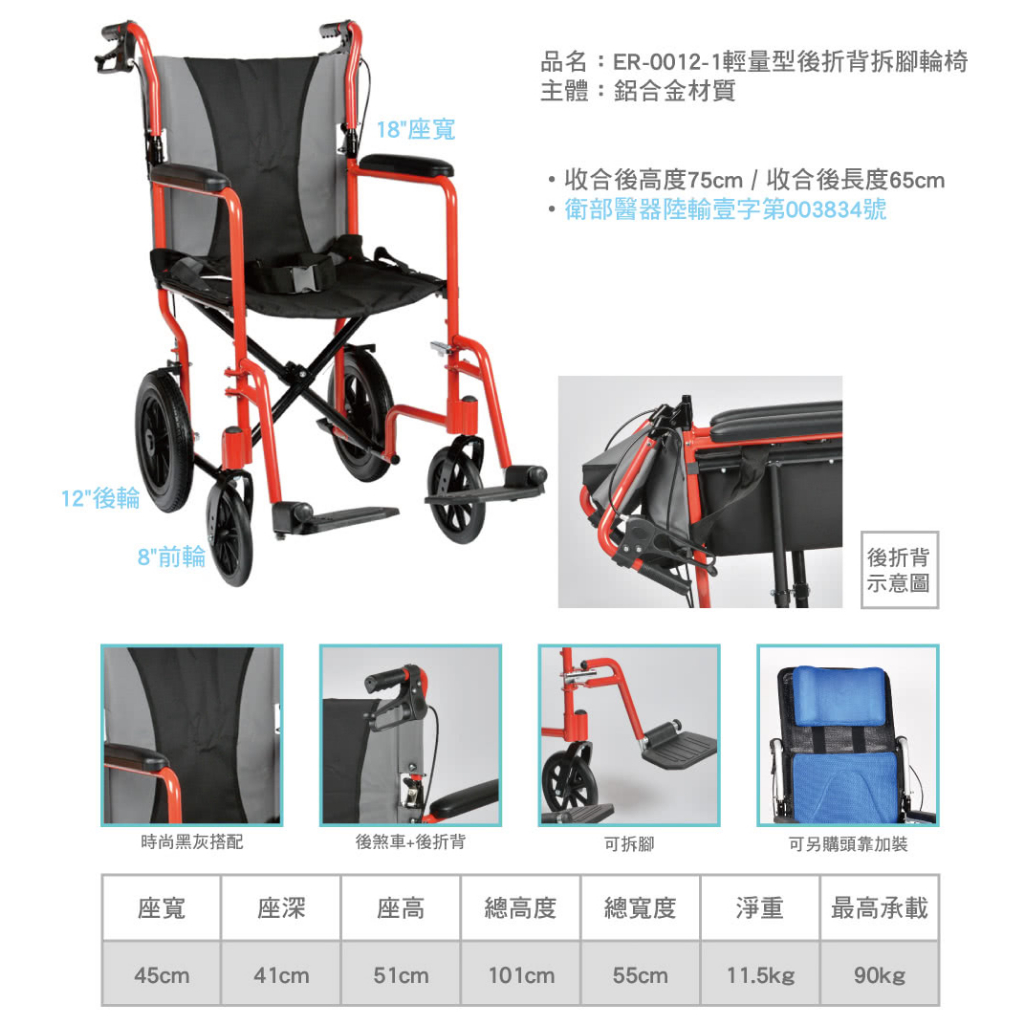 輪椅 ~ 外出方便 輕量型 後折背拆腳輪椅(贈外出防塵袋、後掛購物袋) ~拆封全新品
